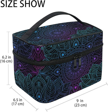 Makeup Train Case Art Arabesque Mandala Boho Ethnic Bohemian Korean Carrying Portable Zip Travel Cosmetic Brush Bag Organizer Large for Girls Women