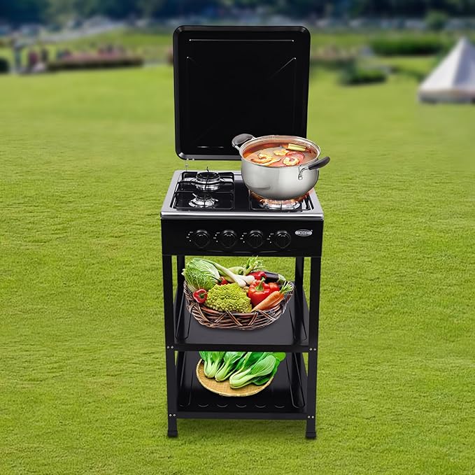 Propane Gas Stove, 4 Burner Propane Burner, Auto Ignition Portable Gas Stove with Support Leg Stand and Wind Blocking Cover Adapter for Rv Apartment Outdoor Cooking (Black)