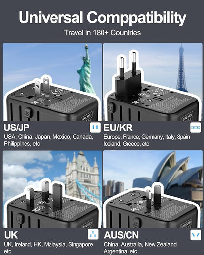 Universal Travel Adapter 100W GaN Fast Charger in One, 4 USB C 1 USB A Ports & 2500W AC Outlet, International Power Plug Adapter with EU UK US AUS Plugs for 200+ Countries
