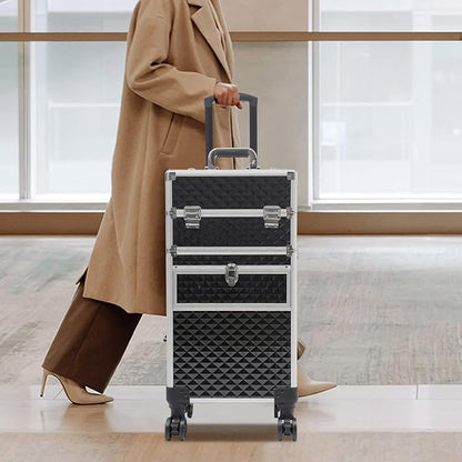 Beauty Luggage Rolling Lockable Makeup Train Case Stylist Cosmetic Luggage Travel Organizer with Hair Dryer Holder & Compartment