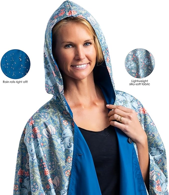 RainCaper Womens Raincoat with Hood ñ Sophisticated Reversible Rainproof William Morris Travel Cape (Bluebell & William Morris Lily)