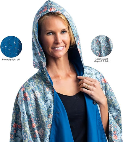 RainCaper Womens Raincoat with Hood ñ Sophisticated Reversible Rainproof William Morris Travel Cape (Bluebell & William Morris Lily)