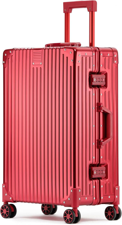 Metal All Aluminum Carry-on Luggage TSA Customs Lock Zipperless Silent Rotary Wheel Business Suitcase Aluminum Frame Set (red, 28 '')