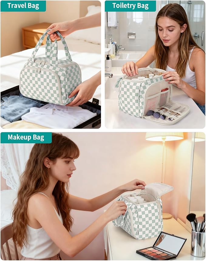 Narwey Large Travel Toiletry Bag, Wide-open Travel Bag for Toiletries, Toiletry Bags for Traveling Women, Cosmetic Make Up Makeup Bag Organizer with Wet Pocket, Skincare Bag (Mint Green Checkerboard)
