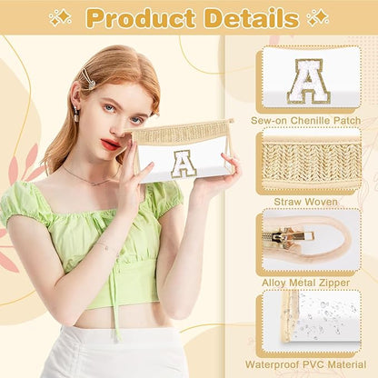 Personalized Initial Letter Bag Boho Straw Clear Makeup Bag,Small Cute Chenille Varsity Letter Bag With Zipper,Beach Travel Toiletry Bag,Portable Monogrammed Cosmetic Bag for Women Girls,A