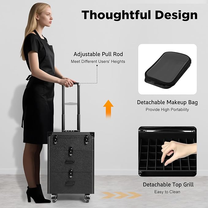 Rolling Makeup Case w/ 4 Keys, 3-tier Lockable Makeup Train Case w/ Drawers, Detachable Nail Polish Organizer, Travel Cosmetic Case w/ 3-gear Telescopic Rod, 13.98*9.06*22.64in, Black Latch+Black