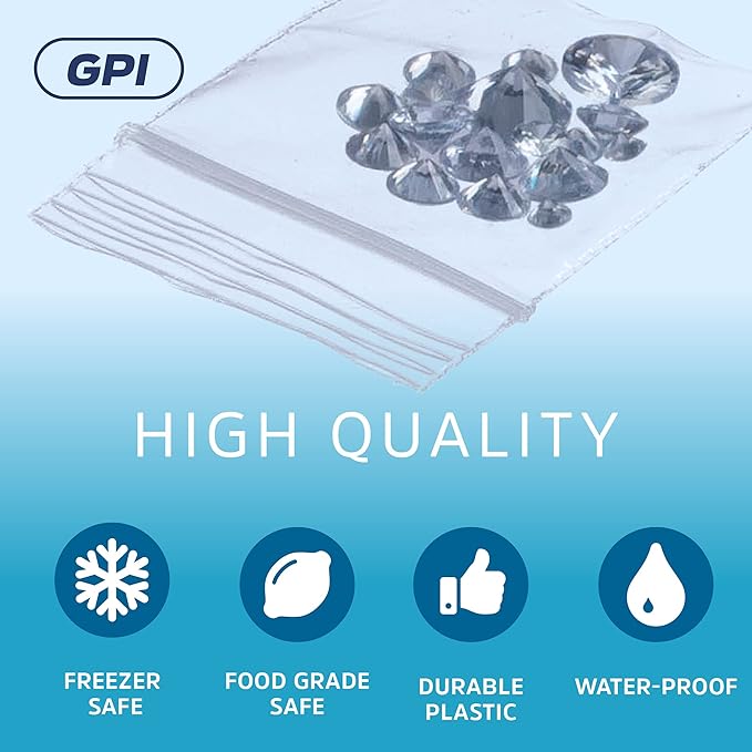 GPI - 1000 Count, 1.5" x 1.5" Clear Plastic Reclosable Zip Bags, 2.5 Mil Thick, Strong & Durable Poly Baggies with Resealable Zip Top Lock for Travel, Storage, Packaging & Shipping