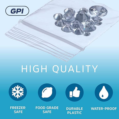 GPI - 1000 Count, 1.5" x 1.5" Clear Plastic Reclosable Zip Bags, 2.5 Mil Thick, Strong & Durable Poly Baggies with Resealable Zip Top Lock for Travel, Storage, Packaging & Shipping