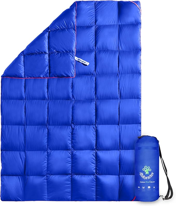 4Monster Down Camping Blanket - Outdoor Travel Quilt Puffy 650 Fill, Packable, Lightweight,Wind & Waterproof | Ideal for Stadium, Backpacking,Picnics, Beach and Hiking