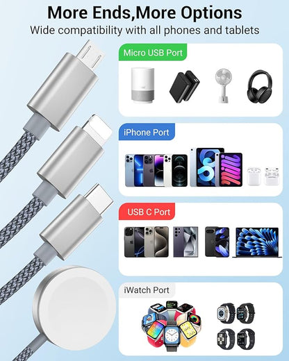 Temdan for Apple Watch Charger,4 in 2 USB C Cable for iPhone 17 Charger/Type C/Lightning/Micro USB,Multi Charging Cable Cord,Travel Vacation Essentials Designed for iWatch &iPhone 16-12-Grey