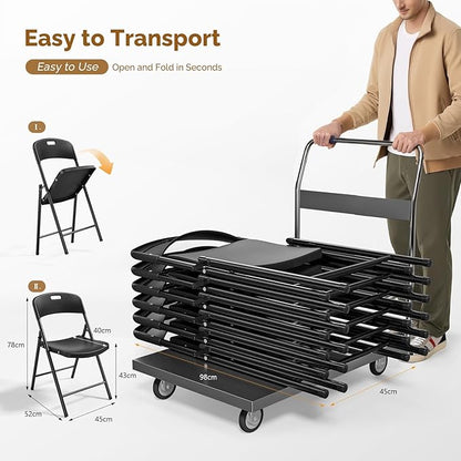Bonnlo 4-Pack Black Plastic Folding Chairs, Portable Seat with Sturdy Steel Frame for Indoor & Outdoor Use, Perfect for Banquet, Party, Wedding, Office, and Camping