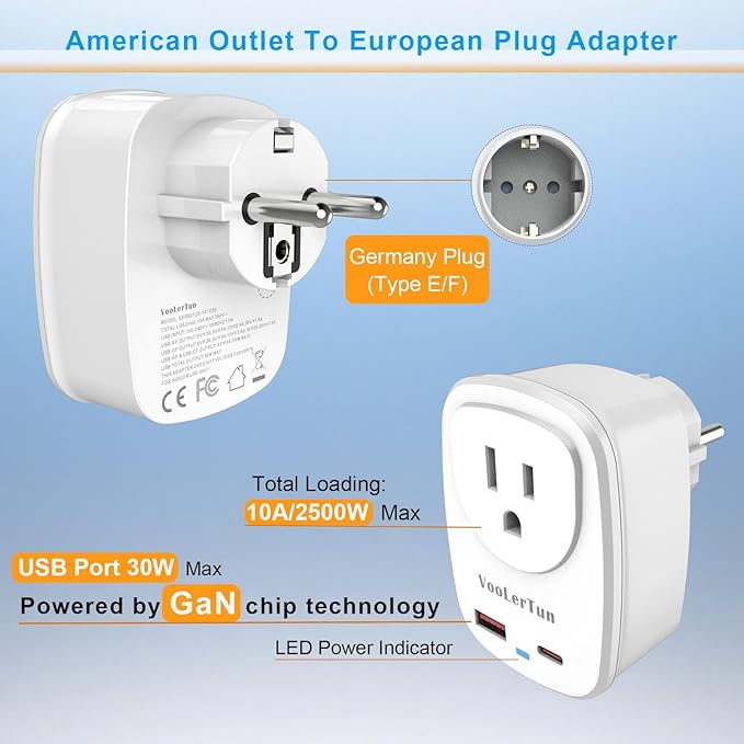 Type E/F Plug Adapter, VooLerTun France Germany Travel Adapter with 30W Fast Charge Power Adapter Dual Ports Compatible Cell Phone Camera, 1 American Outlet Adapter, US Converter European Travel