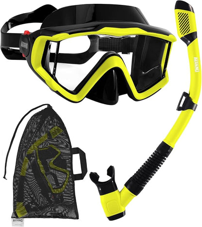 Aegend Snorkeling Gear for Adults Youth Kids, Dry Snorkel Set Panoramic View Enhanced Anti-Leak and Anti-Fog Technology, Adjustable Strap for Snorkeling Scuba Diving Swimming with Mesh Bag