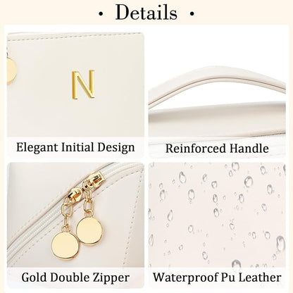 Birthday Gifts for Women Teen Girl, Personalized Initial Makeup Organizer Bag Set, Open Flat Travel Cosmetic Bag With Clear Divider and Handle(Beige,N)