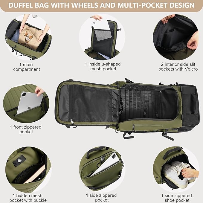 CONTAIL 86L Wheeled Duffel Bag, Soft Shell with Adjustable Web Handles, Carry On Size 29.5x14.2x12.6in, Foldable with Dual Wheels & Shoe Compartment,Army Green