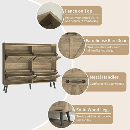 Shoe Cabinet with 4 Flip Drawers, Farmhouse Shoe Cabinet Storage for Entryway Slim, Freestanding Shoe Organizer Hidden Shoe Rack Cabinet with Wooden Legs, Rustic Oak