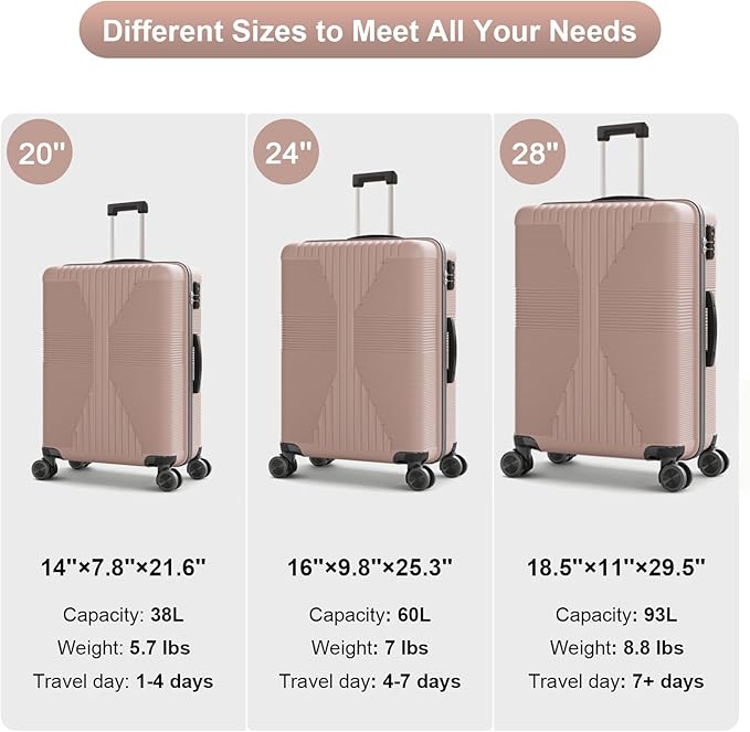 Karl home 24" Check-in Luggage, PP Hardside Checked Medium Suitcase with Wheels, Waterproof Durable Rolling Luggage with Built-in Lock for Travel Business, Rose Gold