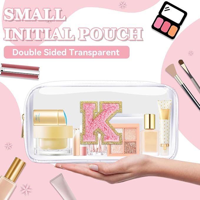 Small Clear Personalized Initial Makeup Bag,Nylon Preppy A-Z Chenille Letter Patch Cosmetic Pouch Beach Toiletry Bag,Waterproof Zipper Travel Purse Storage Bag Organizer for Women Girls(White-Pink K)