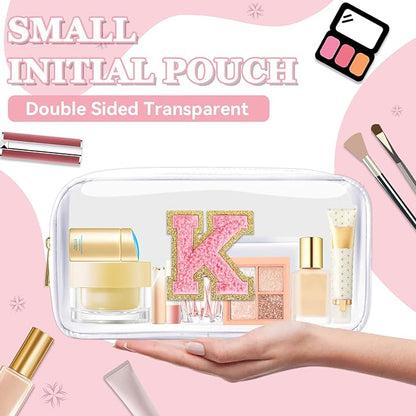 Small Clear Personalized Initial Makeup Bag,Nylon Preppy A-Z Chenille Letter Patch Cosmetic Pouch Beach Toiletry Bag,Waterproof Zipper Travel Purse Storage Bag Organizer for Women Girls(White-Pink K)