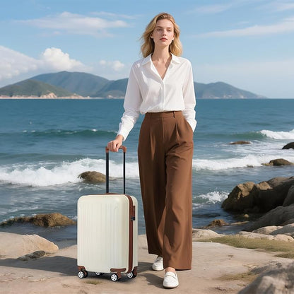 KYME 24-Inch Medium Luggage with Dual 360° Spinner Wheels Hardshell Checked TSA Approved Suitcase for Lightweight Travel (Beige, 24" Checked)