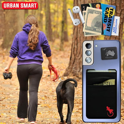 Gecko Travel Tech Double Pocket - Adhesive Card Holder - Cell Phone Pouch - Stick on Spandex Pocket - Carry Credit Cards and Cash (Logo - RED)
