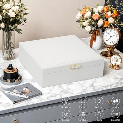 Jewelry Box Organizer for Women,White 2 Layer jewelry Stoarge Case,Built in Necklace Hook and Detachable Jewelry Tray,Indoor Jewelry Display Box