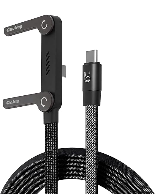 chubbycable StandLite 240W Braided Fast Charge Cable with Built-in Phone Stand T-Shaped Foldable Durable USB-C Cord 90 Degree USB C Cable Right Angle Multi-Functional Charger Cord, Black, 4.9FT