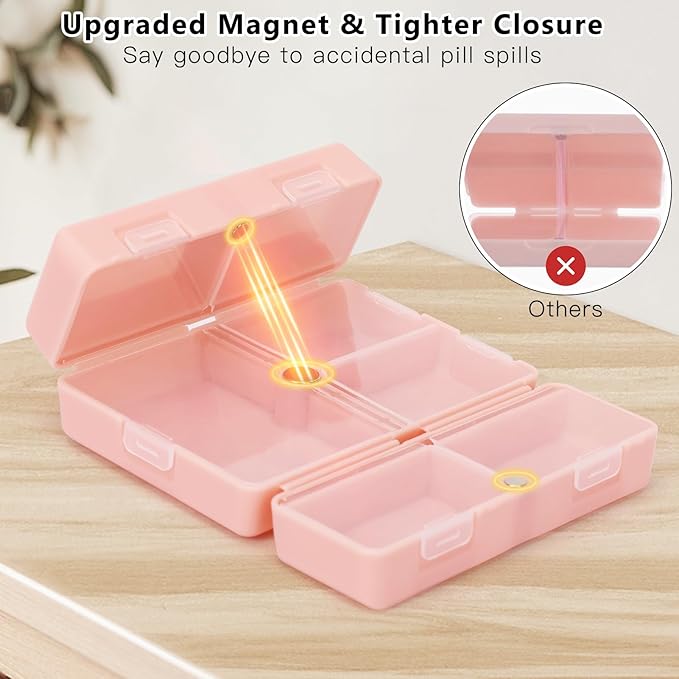 FYY Daily Pill Organizer,2 Pcs 7 Compartments Portable Pill Case Travel Pill Organizer,[Folding Design] Pill Box for Purse Pocket to Hold Vitamins,Cod Liver Oil,Supplements and Medication-Pink