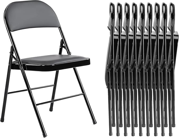 Folding Chairs 10 Pack, Portable Stackable Commercial Chair, Indoor Outdoor Padded Leather Chair with Sturdy Metal Frame, for Home, Office, or Party Events. (Black, 10 Pack)