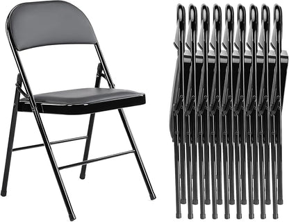 Folding Chairs 10 Pack, Portable Stackable Commercial Chair, Indoor Outdoor Padded Leather Chair with Sturdy Metal Frame, for Home, Office, or Party Events. (Black, 10 Pack)