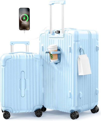 Krute Suitcase Sets 20+28 Inch Luggage with Cup Holder PC+ABS Hardside Suitcases with Wheels TSA Approved Charging Port Travel Suitcase