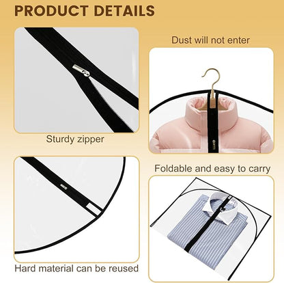 6Pcs Suit Cover Bags Garments Bags Dress Bag Lightweight Firm Plastic Clothes Covers Portable Dust Proof Clothes Protectors Bag All Clear Hanging Clothes Bags for Travels (23.62'' x 47.24'', Black)