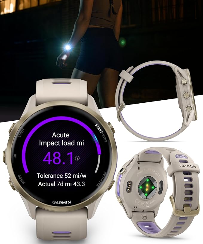 Wearable4U Garmin Forerunner 970 Soft Gold Titanium Smartwatch with French Gray Case and French Gray/Translucent Indigo Band, AMOLED Display with Garmin HRM 600 S Power Bank Bundle