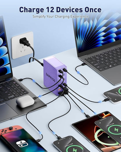 USB Charging Station (600W),12-Port USB C Charger Block with Dual 100W PD USB-C Fast Charging Station Hub for MacBook Pro/Air/All iPad Phone 17/16 15/14/13/Pro Max/Samsung Galaxy Note(Purple)