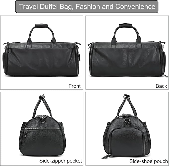 Genuine Leather Garment Bag Large Capacity Travel Bag Business Suit Carrier Bag with Shoe Compartment, Men Women Duffel Bags for Overnight Gym Sports Weekend, Black