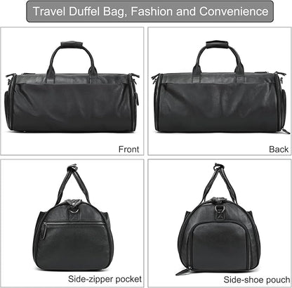 Genuine Leather Garment Bag Large Capacity Travel Bag Business Suit Carrier Bag with Shoe Compartment, Men Women Duffel Bags for Overnight Gym Sports Weekend, Black