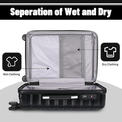 Lightweight Luggage with Spinner Wheels & YKK Zipper, Hard Shell 3-Piece Suitcase ABS+PC Hardside Luggage Set with TSA Lock for Men Travel, Black (20+24+28 inch)