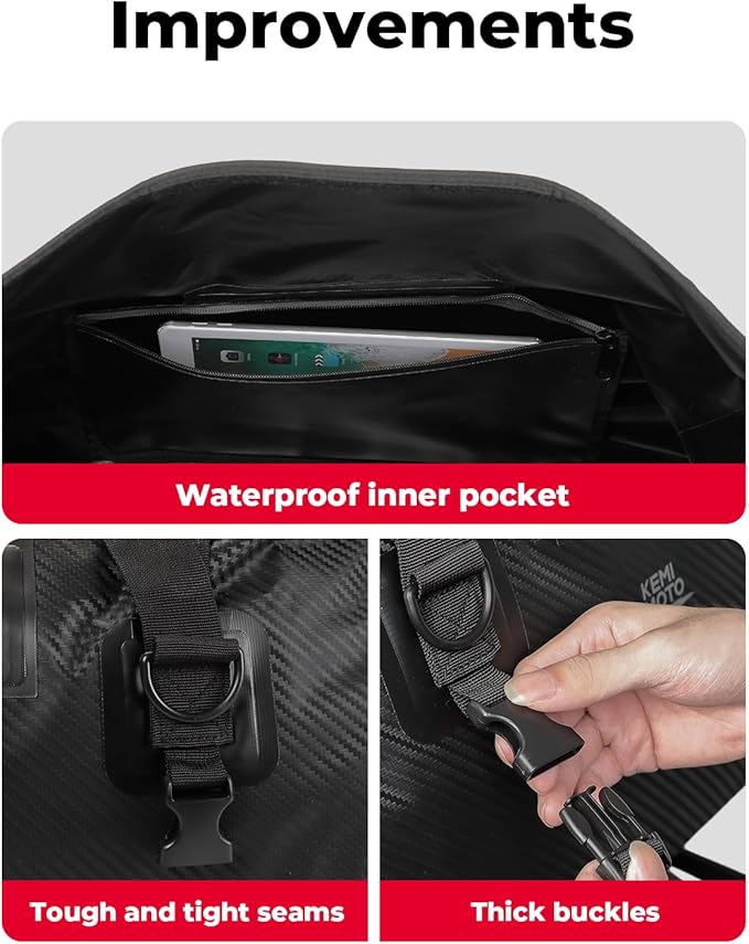KEMIMOTO Waterproof Motorcycle Dry Bag – Duffle Tail Bag Soft Luggage, 40L/65L Large Capacity with 4 Quick-Release Straps, Dustproof for Touring, Adventure, Motorcycling & Camping