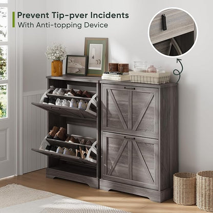 Shoe Cabinet, Shoe Storage Cabinet for Entryway with 2 Flip Drawers, Narrow Farmhouse Shoe Organizer Cabinet, Slim Shoe Rack Cabinet, Gery