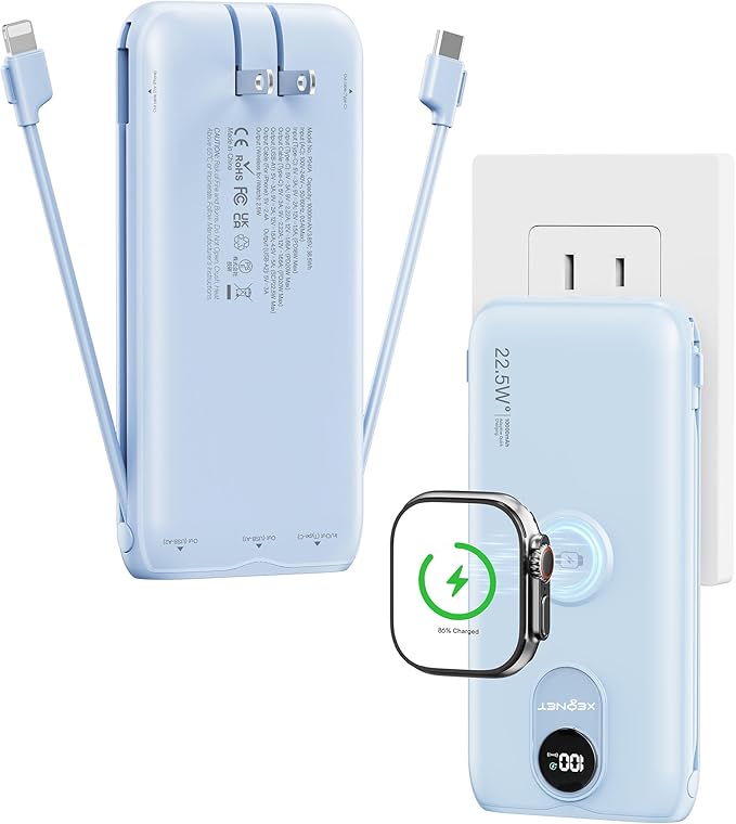Portable Charger, 10000mAh 22.5W Fast Charging Power Bank with Built in Cable & Wall Plug, Travel Essential Battery Pack with LED Display, External Charger for iPhone 17/16, iWatch 11/10/9/8/Ultra/SE