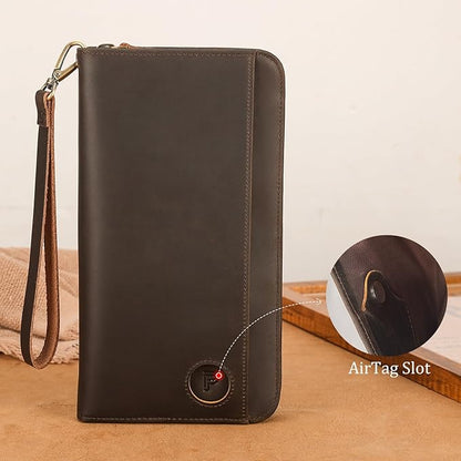 Polare Full Grain Leather Family Passport Holder Travel Documents Organizer RFID Blocking Wallet with Coin Pouch and AirTag Slot Fits 6 Passports