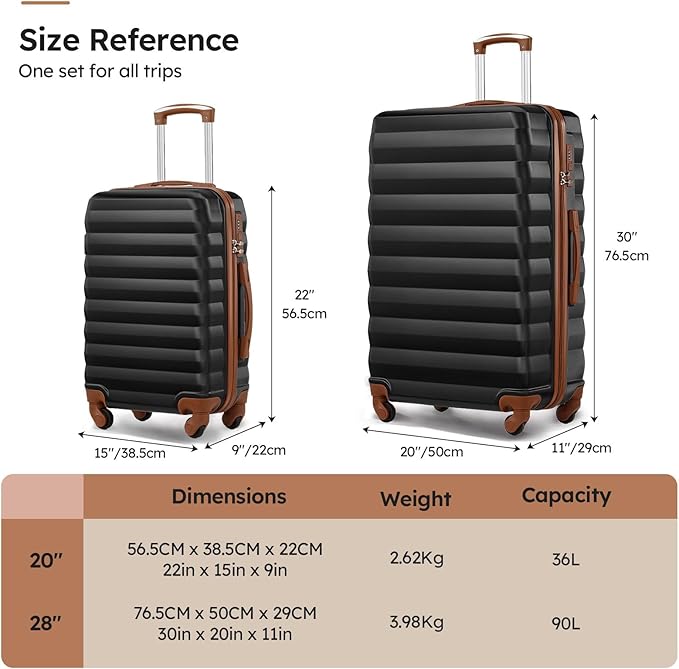 Luggage Sets 2 Piece, 20 Inch 28 Inch ABS Hardshell Suitcase Set with Spinner Wheels, Carry On and Checked Luggage for Women and 6 Piece Travel Organize Bags