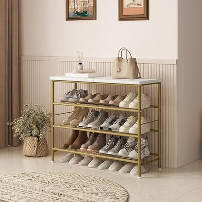 SUOERNUO Shoe Rack Organizer 4 Tier for Closet Entryway Free Standing Metal Storage Shoe Shelf with MDF Top Board，Gold