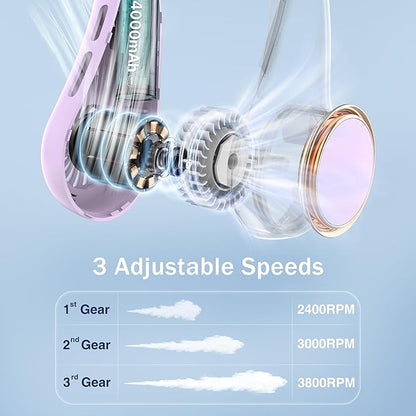 Portable Neck Fan, Personal Fan with 4000mAh Battery, Rechargeable Neck Fan with 3 Speeds and 64 Cool Lights, Birthday Gifts for Men Women Mom Dad, Hands Free Cooling fan for Summer(Purple)