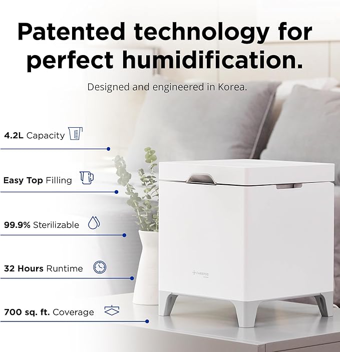 Carepod Cube Plus X50V Stainless Steel Humidifier - Easy to Clean, 3 Mist Level Settings, Auto-Humidity & Auto Shut-Off Feature, One Touch Built-in Sanitization, No Filters, Lasts 32Hrs (1.1Gal/4.2L)