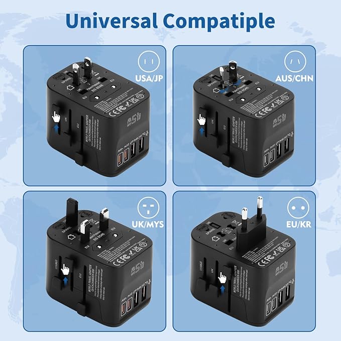 Aigostar 5-in-1 Universal Travel Adapter, GaN 45W Fast Charge International Plug Adapter with 2 Type-C & 2 USB-A Ports, Worldwide Power Adaptor Wall Charger for EU US UK AUS CHN JP Travel Business