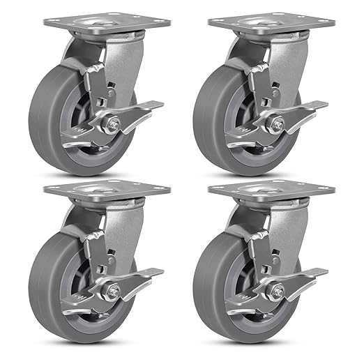 5"x2" Rubber Wheels (Flat Tread)- Heavy Duty Casters, Industrial Caster Wheels- Set of 4 with up to 3200 LB Capacity- Use for Dollies, Workbench(4 Brake)