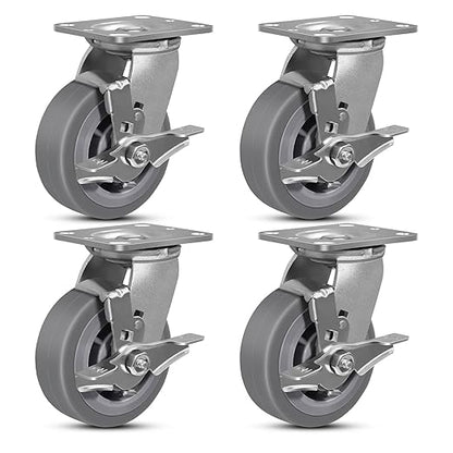 5"x2" Rubber Wheels (Flat Tread)- Heavy Duty Casters, Industrial Caster Wheels- Set of 4 with up to 3200 LB Capacity- Use for Dollies, Workbench(4 Brake)