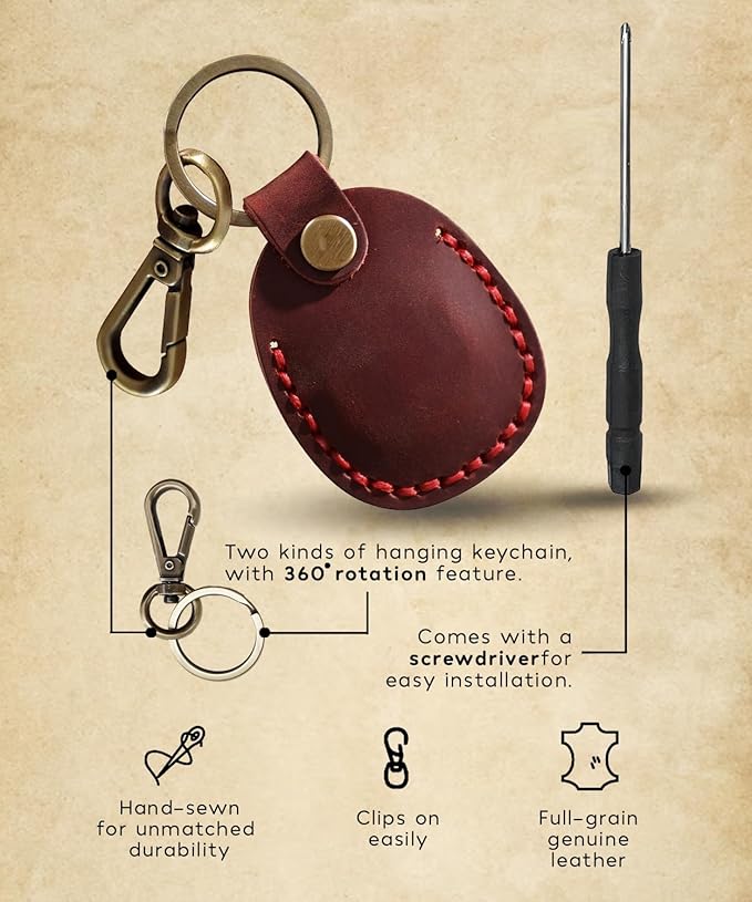 Genuine Leather AirTag Keyring Holder Compatible with Apple AirTags Keychain Leather, Anti Lost Secure Key Ring Case for Pet Collar Bag Travel Tracking, Protective Full Cover Air Tag Key Chain, Red