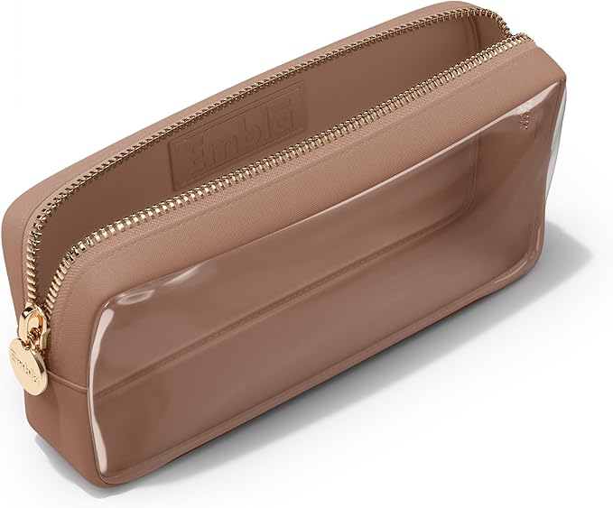 Embla London Makeup Bag Cosmetic Case, Clear Zipper Make Up Pouch and Toiletry Travel Tote, Cute Skincare Pouches for Women Girls, Preppy Purse Cosmetic Organizer, Small Makeup Bags, Mocha Mousse